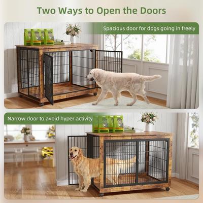 Show full view: Yafylly Wooden Furniture Style End Table Double Door Dog Crate with Wheels, X-Large, Rustic Brown slide 5 of 7