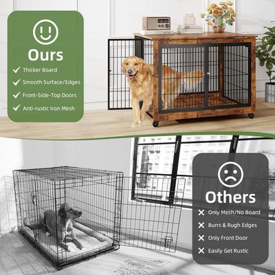 Show full view: Yafylly Wooden Furniture Style End Table Double Door Dog Crate with Wheels, X-Large, Rustic Brown slide 6 of 7