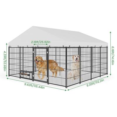 Show full view: Yafylly Outdoor Roof Cover Animal Hutch Metal Coop Fence Dog Kennels with 2 Feeders & Double Lock, Black, Large slide 4 of 8