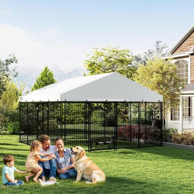 Show full view: Yafylly Outdoor Roof Cover Animal Hutch Metal Coop Fence Dog Kennels with 2 Feeders & Double Lock, Black, Large slide 3 of 8