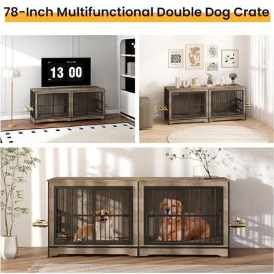 Show full view: Yafylly Indoor Furniture Style Double Door Dog Crate with Rotatable Feeding Bowl, Large: 78.7 inch, Grey slide 7 of 8