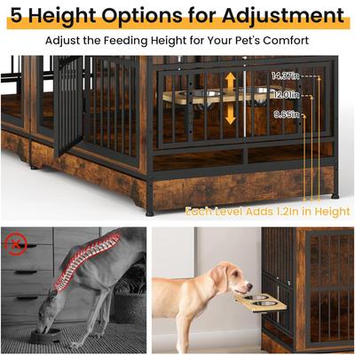 Show full view: Yafylly Indoor Furniture Style Double Door Dog Crate with Rotatable Feeding Bowl, Large: 78.7 inch, Rustic Brown slide 5 of 8