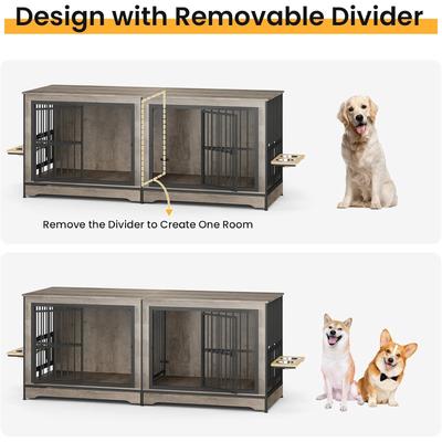 Show full view: Yafylly Indoor Furniture Style Double Door Dog Crate with Rotatable Feeding Bowl, Large: 78.7 inch, Grey slide 6 of 8