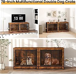 Yafylly Indoor Furniture Style Double Door Dog Crate with Rotatable Feeding Bowl, Large: 78.7 inch, Rustic Brown slide 2 of 8