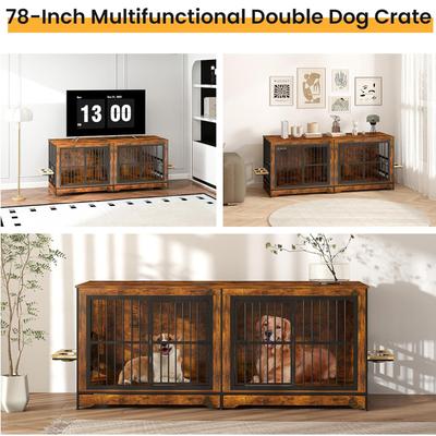 Show full view: Yafylly Indoor Furniture Style Double Door Dog Crate with Rotatable Feeding Bowl, Large: 78.7 inch, Rustic Brown slide 8 of 8