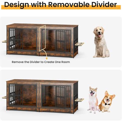 Show full view: Yafylly Indoor Furniture Style Double Door Dog Crate with Rotatable Feeding Bowl, Large: 78.7 inch, Rustic Brown slide 7 of 8