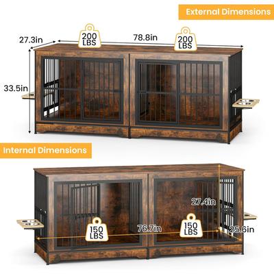 Show full view: Yafylly Indoor Furniture Style Double Door Dog Crate with Rotatable Feeding Bowl, Large: 78.7 inch, Rustic Brown slide 3 of 8