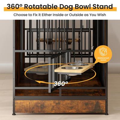 Show full view: Yafylly Indoor Furniture Style Double Door Dog Crate with Rotatable Feeding Bowl, Large: 78.7 inch, Rustic Brown slide 6 of 8