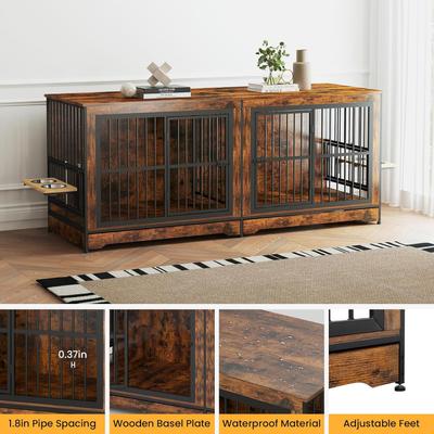 Show full view: Yafylly Indoor Furniture Style Double Door Dog Crate with Rotatable Feeding Bowl, Large: 78.7 inch, Rustic Brown slide 4 of 8