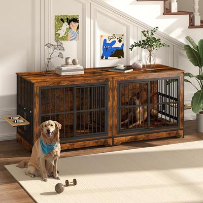 Show full view: Yafylly Indoor Furniture Style Double Door Dog Crate with Rotatable Feeding Bowl, Large: 78.7 inch, Rustic Brown slide 2 of 8