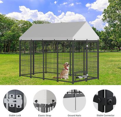 Show full view: Yafylly Outdoor Roof Dog Kennel with 2 Rotating Feeder Bowl, Black, Large slide 3 of 7