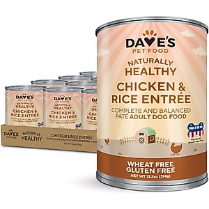 Dave's Pet Food Naturally Healthy Chicken & Rice Recipe Pate Canned Wet Dog Food, 13.2-oz can, case of 12