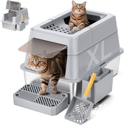 Mutrelenx Mutrelenx Stainless Steel Modular Design Covered High Sided Non-Sticky Cat Litter Box with Lid, 10-lb box, Gray