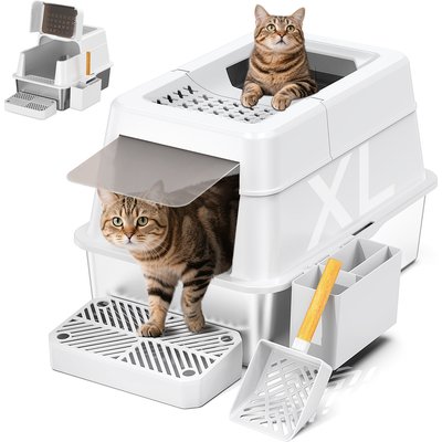 Mutrelenx Mutrelenx Stainless Steel Modular Design Covered High Sided Non-Sticky Cat Litter Box with Lid, 10-lb box, White