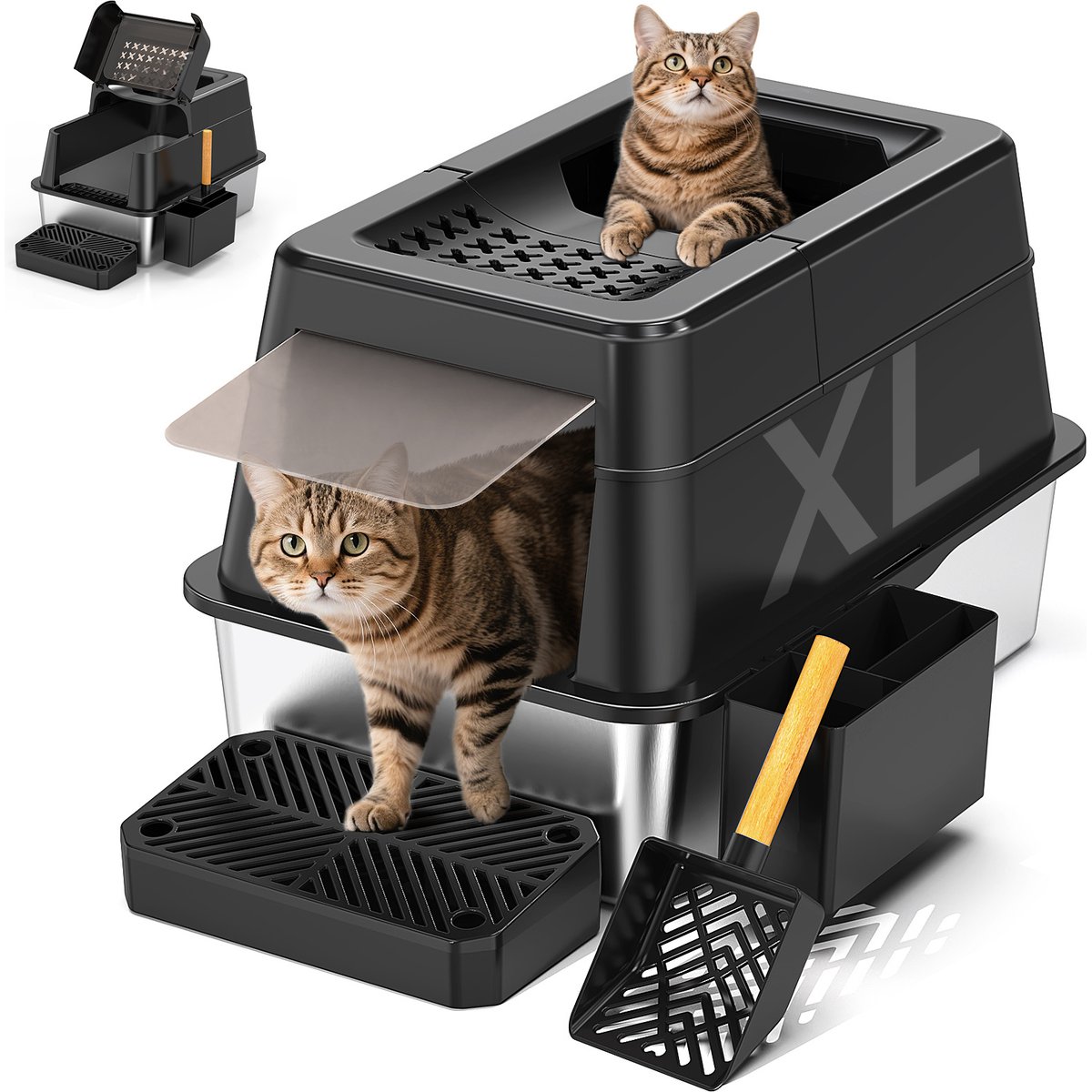 Mutrelenx Stainless Steel Modular Design Covered High Sided Non-Sticky Cat Litter Box with Lid, 10-lb box, Black
