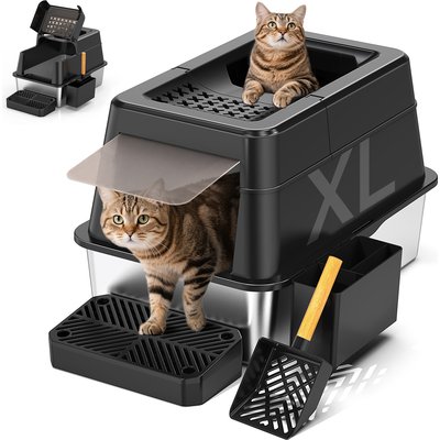 Mutrelenx Mutrelenx Stainless Steel Modular Design Covered High Sided Non-Sticky Cat Litter Box with Lid, 10-lb box, Black