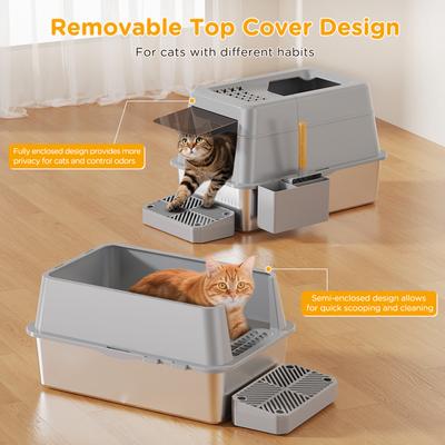 Show full view: Mutrelenx Stainless Steel Modular Design Covered High Sided Non-Sticky Cat Litter Box with Lid, 10-lb box, Gray slide 4 of 11