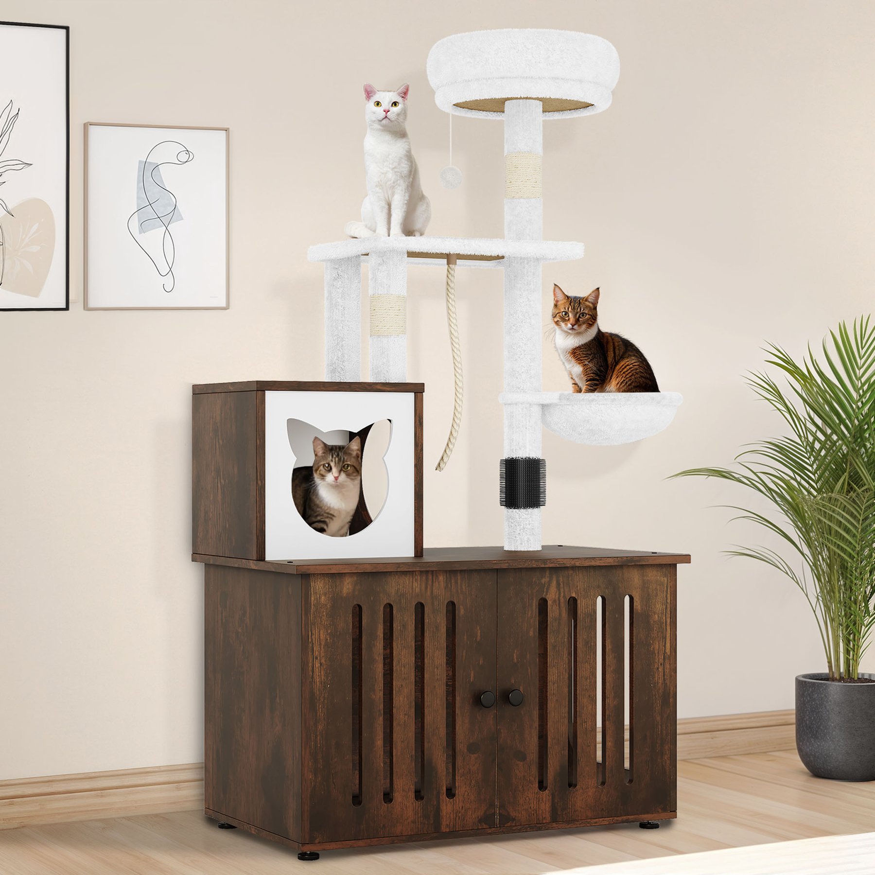 Wooflex 2-in-1 Modern Tower Combo 53.5-in Flannel Cat Tree & Condo with Litter Box Enclosure, Rustic Brown