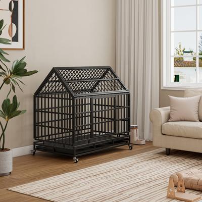 Show full view: Zeus & Ruta Folding Metal Furniture Style Dog Crate with Wheels, Black, 48 inch slide 2 of 6