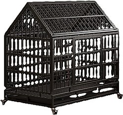 Zeus & Ruta Folding Metal Furniture Style Dog Crate with Wheels, Black, 48 inch