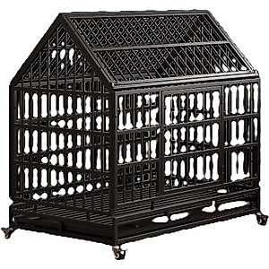 Zeus & Ruta Folding Metal Furniture Style Dog Crate with Wheels, Black, 48 inch