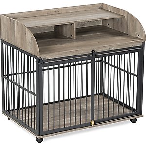 Zeus & Ruta Storage Furniture Style Dog Crate with Lockable Wheels, Gray, 44 inch