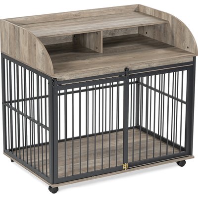 Zeus & Ruta Zeus & Ruta Storage Furniture Style Dog Crate with Lockable Wheels, Gray, 44 inch
