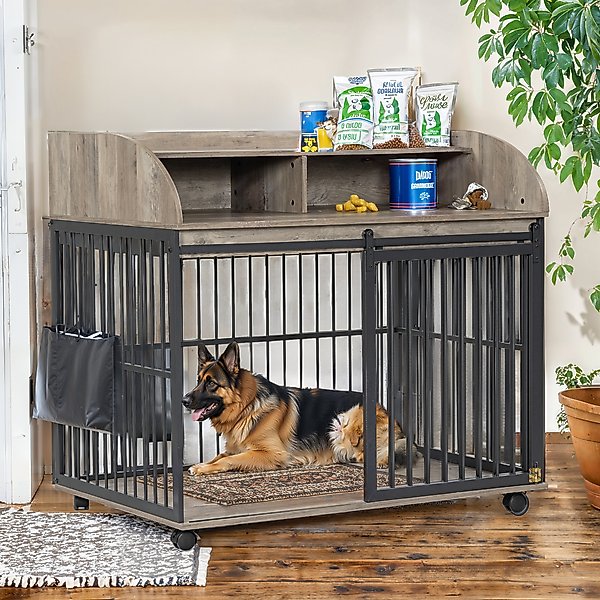 Show full view: Zeus & Ruta Storage Furniture Style Dog Crate with Lockable Wheels, Gray, 44 inch slide 3 of 6