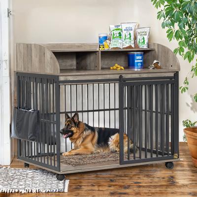 Show full view: Zeus & Ruta Storage Furniture Style Dog Crate with Lockable Wheels, Gray, 44 inch slide 3 of 6