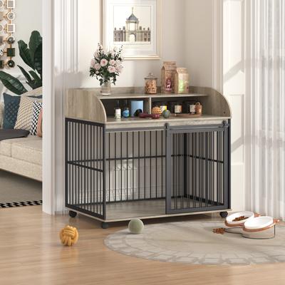 Show full view: Zeus & Ruta Storage Furniture Style Dog Crate with Lockable Wheels, Gray, 44 inch slide 2 of 6