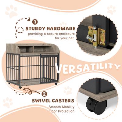 Show full view: Zeus & Ruta Storage Furniture Style Dog Crate with Lockable Wheels, Gray, 44 inch slide 5 of 6