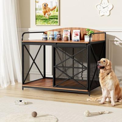 Show full view: Zeus & Ruta Farmhouse Metal Furniture Style Dog Crate, Brown, 42.8 inch slide 3 of 5
