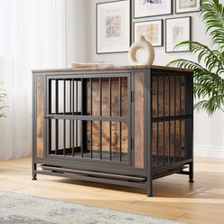 Zeus & Ruta 2 Sliding Door Furniture Style Dog Crate, Rustic Brown, 32.8 inch slide 2 of 7