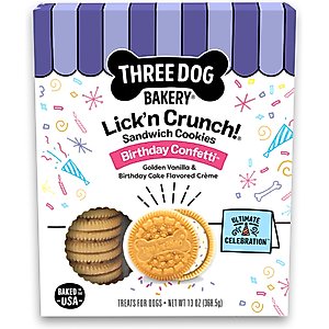 Three Dog Bakery Birthday Confetti Lick’n Crunch Cookie Puppy Treats, 13-oz box