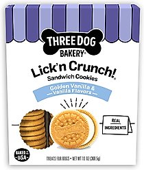 Three Dog Bakery Lick'n Crunch Golden & Vanilla Sandwich Cookies Dog Treats, 13-0z box