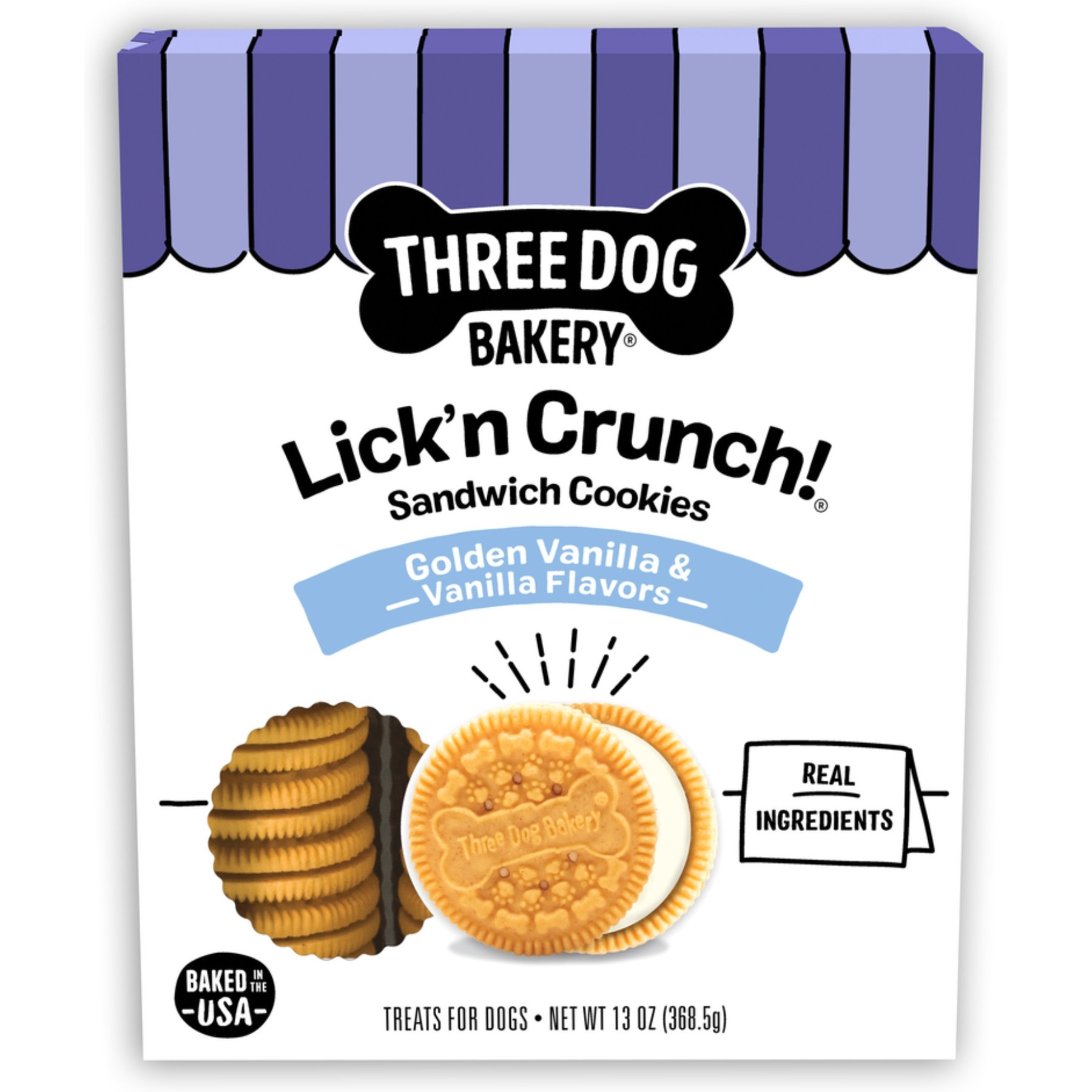 Three Dog Bakery Lick'n Crunch Golden & Vanilla Sandwich Cookies Dog Treats, 13-oz box