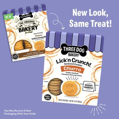Show full view: Three Dog Bakery Churro Lick'n Crunch Vanilla & Cinnamon Sandwich Cookies Dog Treats, 13-oz box slide 4 of 9