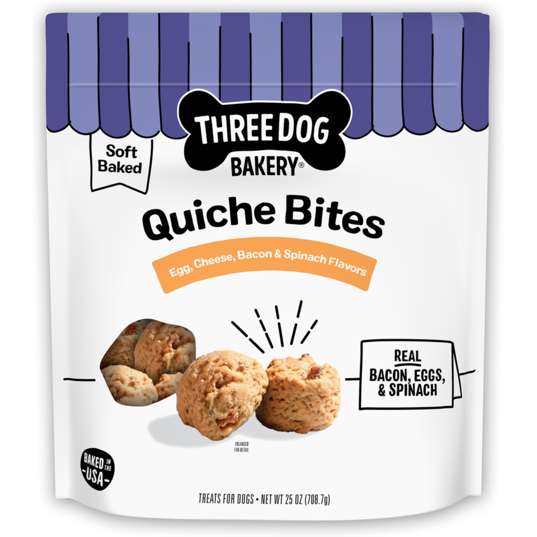 Three Dog Bakery Quiche Bites with Real Eggs, Cheese, Bacon & Spinach Dog Treats, 25-oz bag