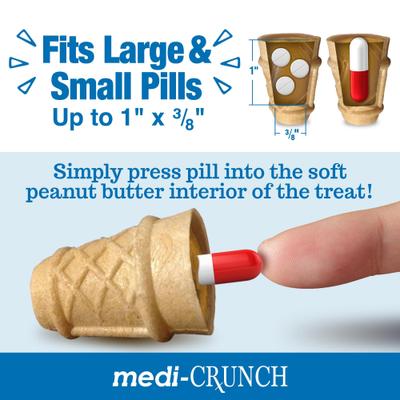 Show full view: MEDI CRUNCH Human-Grade Peanut Butter Crunchy Ice Cream Cone Pill Pouches Dog Treats, 30 count, case of 2 slide 4 of 10