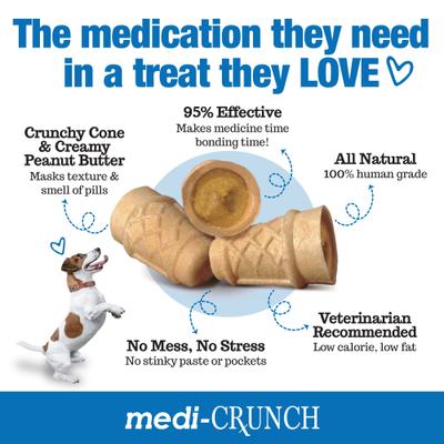 Show full view: MEDI CRUNCH Human-Grade Peanut Butter Crunchy Ice Cream Cone Pill Pouches Dog Treats, 30 count, case of 2 slide 3 of 10