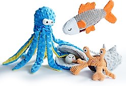Nocciola Sea Creatures Octopus Shark Crab Mussel Variety Pack Crinkle Squeaky Dog Toy, 4 count