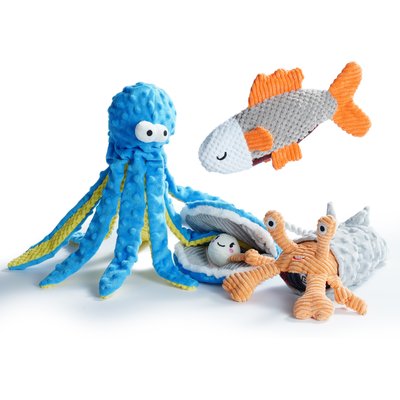 Nocciola Nocciola Sea Creatures Octopus Shark Crab Mussel Variety Pack Crinkle Squeaky Dog Toy, 4 count