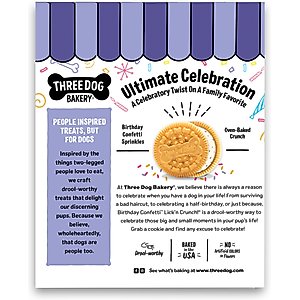 Three Dog Bakery Birthday Confetti Lick’n Crunch Cookie Puppy Treats, 13-oz box