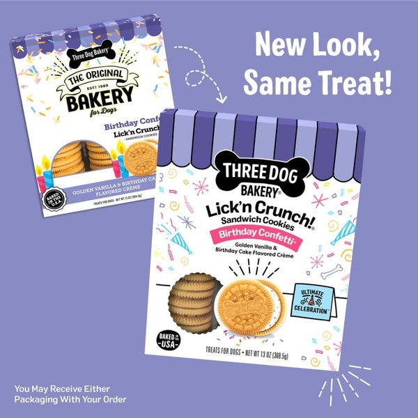 Three Dog Bakery Birthday Confetti Lick’n Crunch Cookie Puppy Treats, 13-oz box