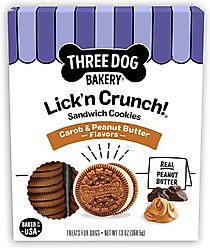 Three Dog Bakery Lick'n Crunch Carob & Peanut Butter Sandwich Cookies Dog Treats, 13-oz box