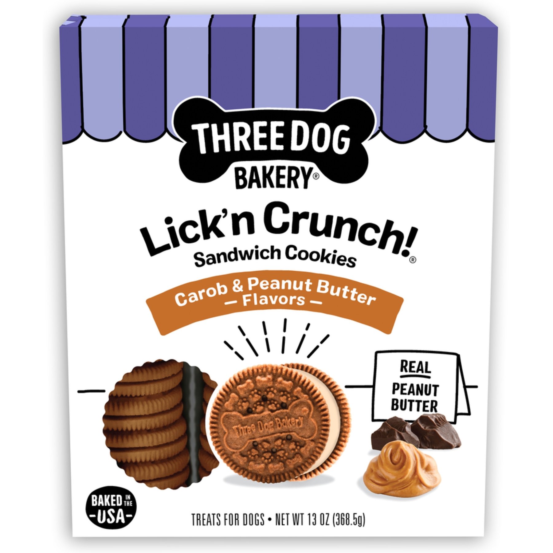 Three Dog Bakery Lick'n Crunch Carob & Peanut Butter Sandwich Cookies Dog Treats, 13-oz box