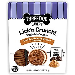 Three Dog Bakery Lick'n Crunch Carob & Peanut Butter Sandwich Cookies Dog Treats, 13-oz box