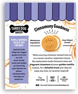 Show full view: Three Dog Bakery Churro Lick'n Crunch Vanilla & Cinnamon Sandwich Cookies Dog Treats, 13-oz box slide 3 of 9