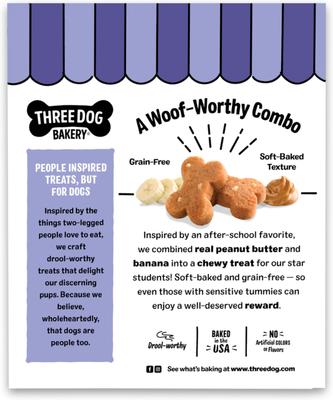 Show full view: Three Dog Bakery Soft Baked Woofers Grain-Free Peanut Butter Banana Dog Treats, 13-oz box slide 3 of 9
