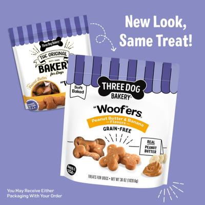 Show full view: Three Dog Bakery Soft Baked Woofers Grain-Free Peanut Butter Banana Dog Treats, 36-oz bag slide 4 of 9